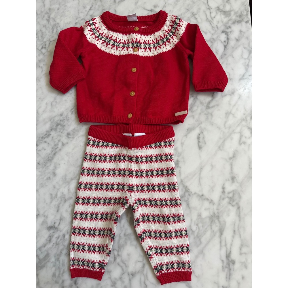 Janie and Jack Red Fair Isle Sweater Cardigan Pants Set 0-3 Months 100% Cotton